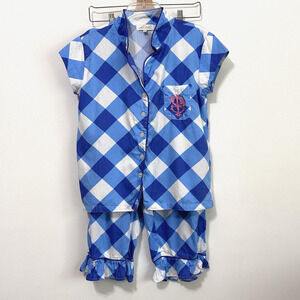 Jayes Studio‎ Pajama Set XS Sateen Blue Gingham Shirt Capri Pants Ruffle Logo